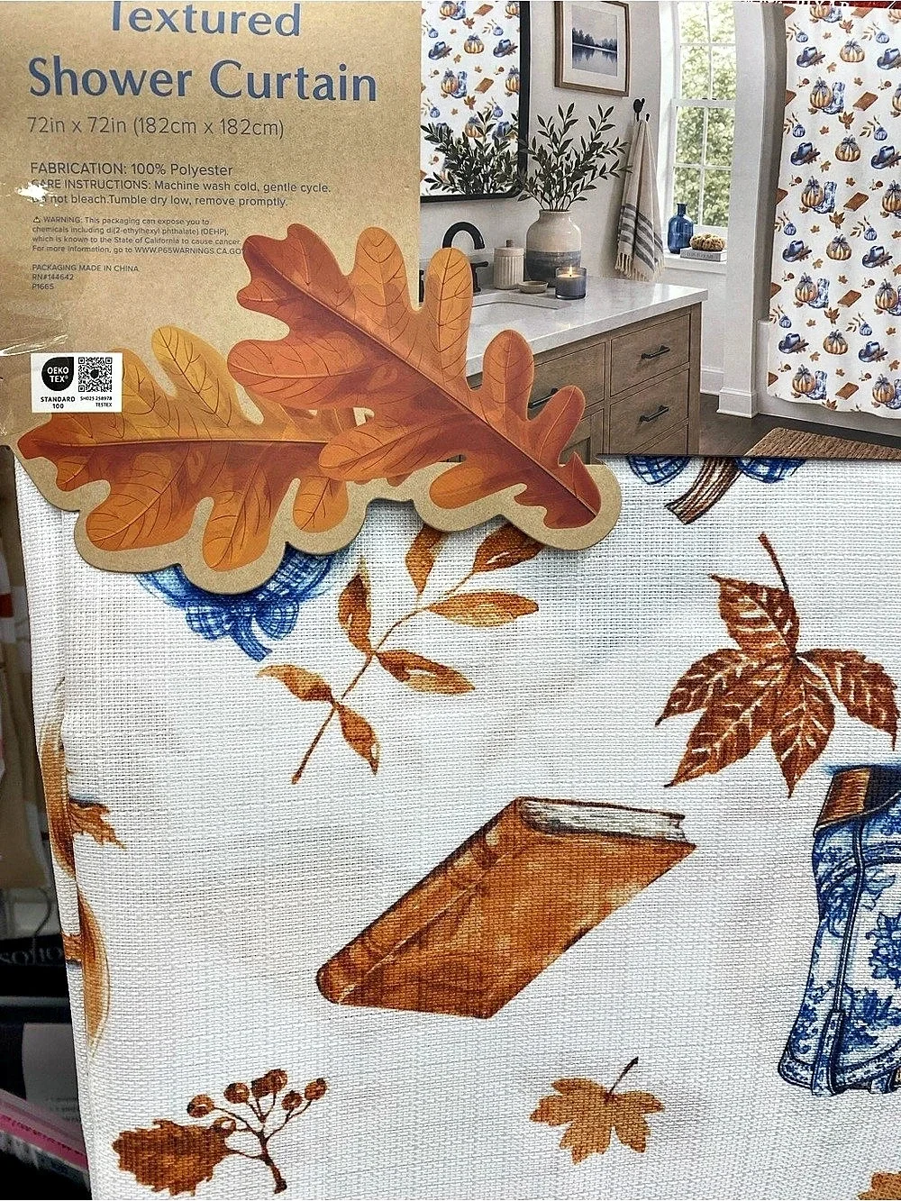 Textured Pumpkin Plaid Shower Curtain Orange & Blue NWT